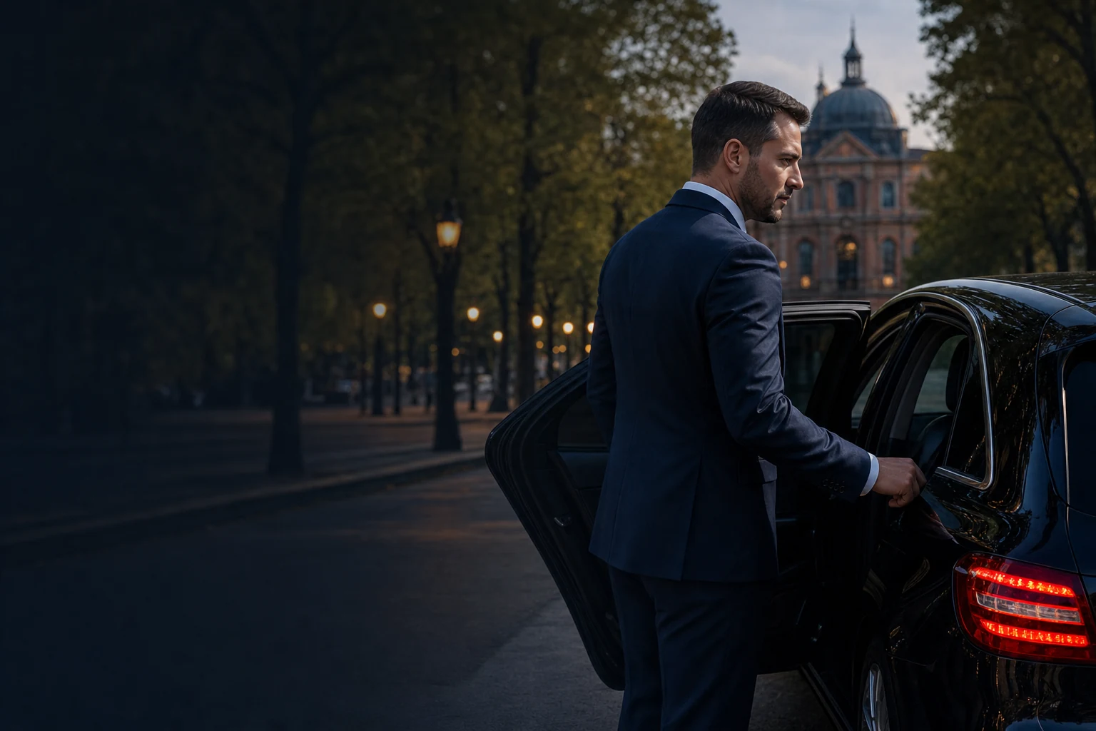 Chauffeur professionnel près d'un véhicule premium dans une rue de Toulouse